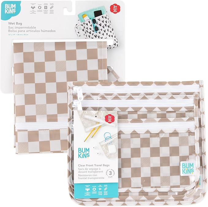 Bumkins - Waterproof Wet Bag & Clear Travel Bags - For Beach, Baby, Travel, Swim Suit, Cloth Diapers, Pump Parts, Pool, Gym, Toiletries - Reusable & Easy to Clean - Beige Check - 4 Pack