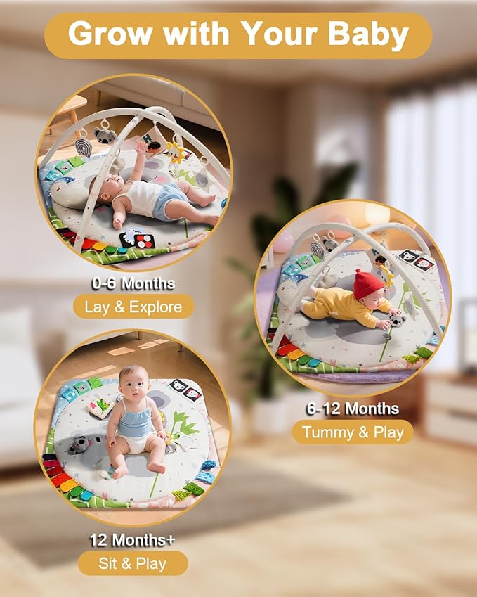 Baby Play Gym with 4 Developmental Zones – Tummy Time Mat & Activity Mat with 6 Sensory Toys, Visual Cards & Pillow – Baby Essentials & Ideal Gift for Newborns