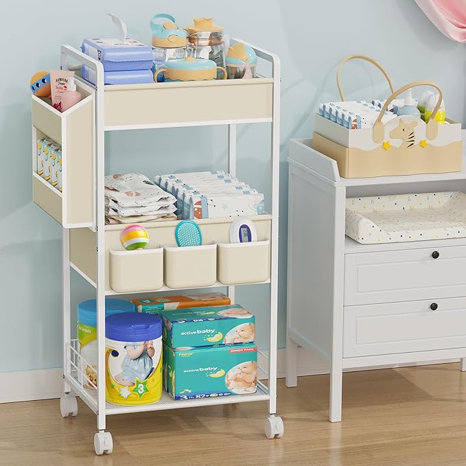 3-Tier Rolling Diaper Caddy Organizer with Dividers & Wheels, Large Capacity Detachable Mobile Storage Diaper Cart for Nursery, Bedroom, Changing Table, Crib, Baby Essentials
