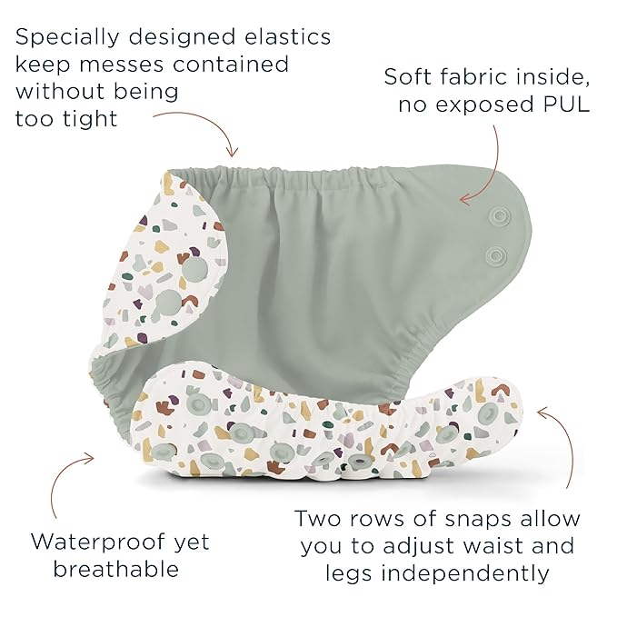 Esembly Cloth Diaper Bundle Set - 3 Organic Cotton Absorbent Inners and 1 Waterproof Outer Diaper Cover - Reusable, Washable, Snap Closure Cloth Diapers - Size 1 (7-17lbs), Terrazzo