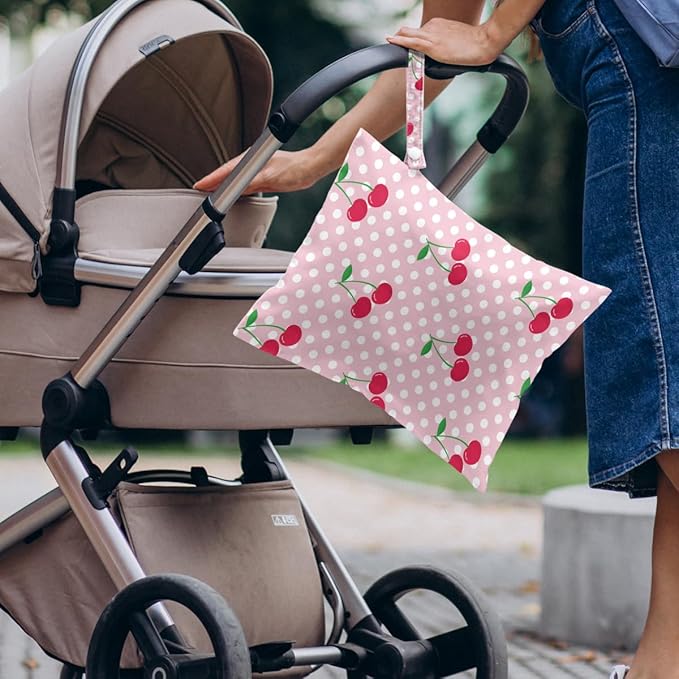 4 Pack Cute Polka Striped Cherry Bow Wet Bag Waterproof Washable Reusable Wet Dry Bag for Swimsuit Dirty Clothes Bathing Cloth Diaper Travel Beach Pool Yoga Gym Toiletries Travel Beach Essentials