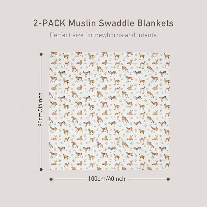 GLLQUEN BABY Muslin Swaddle Blankets Breathable Receiving Blankets (35" x 40") 2-Pack Soft Baby Blankets for Girls and Boys Newborn Essentials Muslin Burp Cloths Swaddle Wrap Baby Gift(Deerling)