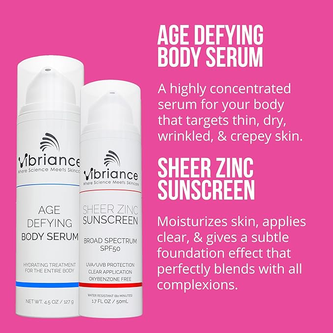 Vibriance Premium Skincare Bundle | Super C All-in-One Serum, Face Cleanser, Moisturizing Cream, Sheer Zinc Sunscreen SPF 50, Age Defying Body Creme - Heal, Hydrate, Protect, Rejuvenate