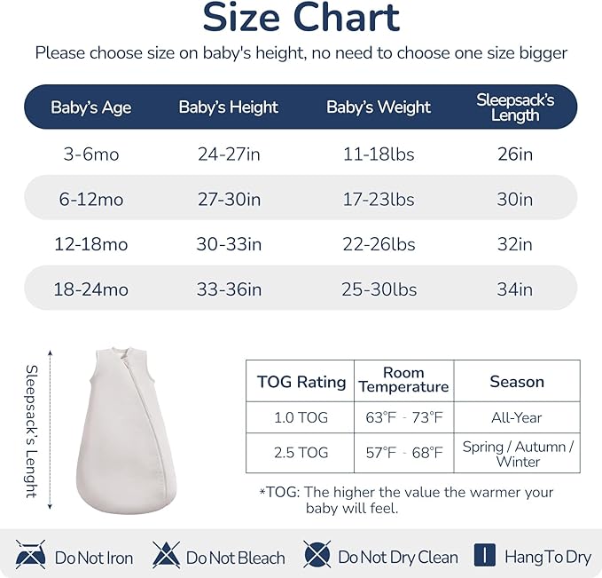 1.0 Tog 2.5 Tog Baby Sleep Sack, 100% Cotton Baby Sleeping Bag 3-24M, 2-Way Zipper Baby Wearable Blanket