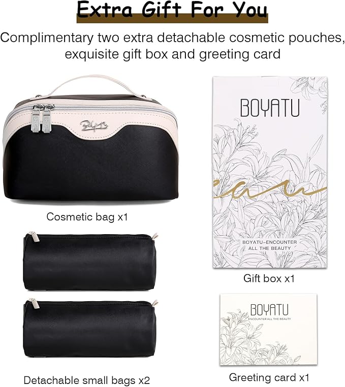 BOYATU Travel Makeup Bag Organizer Cosmetic Bag: 3 Pcs Set Make up Bags for Women with Handle - Waterproof Vegan Leather Toiletry Bags Travel Essentials Pouch with Compartments (D-03-Black)