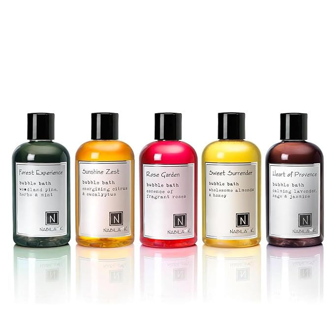 Assorted Bubble Bath Collection (Set of 5) by Nabila K - Forest Experience, Sunshine Zest, Rose Garden, Sweet Surrender, Heart of Provence - Essential Oils with Natural Ingredients - 8 oz