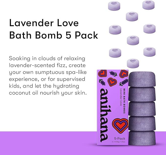 ANIHANA Mini Bath Bombs with Coconut Oil, Paraben Free, Hand-Crafted Luxury Fizzers, Refreshing Lavender Love Scent, 1.76 oz Each, 5 Pack