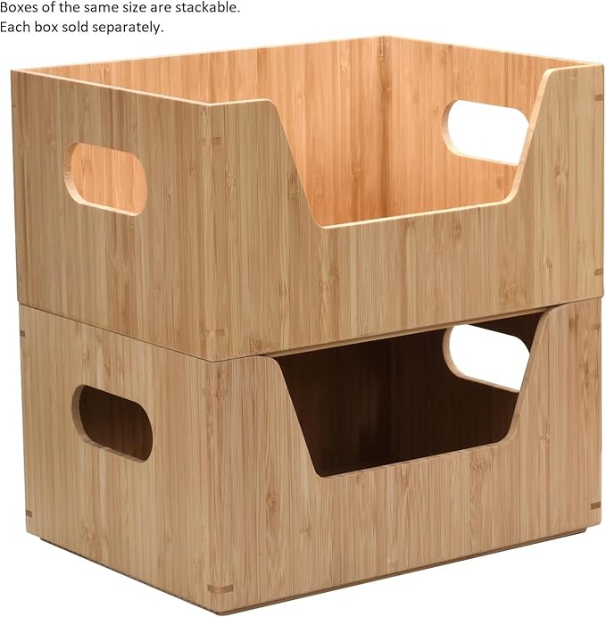 MobileVision Bamboo Storage Box with Open Front Stackable Bin Organizer to use in kitchen pantries, cabinets and countertops, 12 x 9 x 6 inches