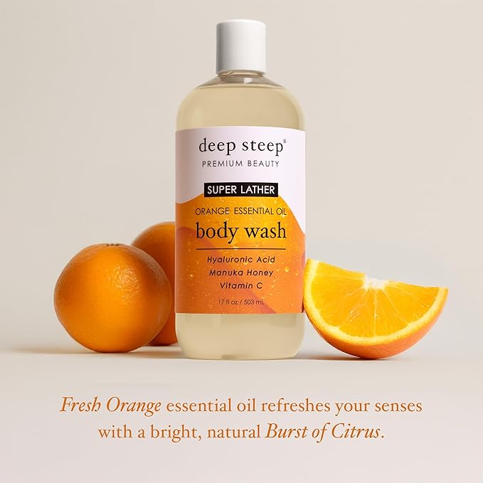 Deep Steep Super Lather Body Wash, Orange, 17 oz – Hydrating Shower Gel with Hyaluronic Acid, Manuka Honey, & Orange Essential Oil – Vegan, Clean Beauty, Clean & Refreshed Skin