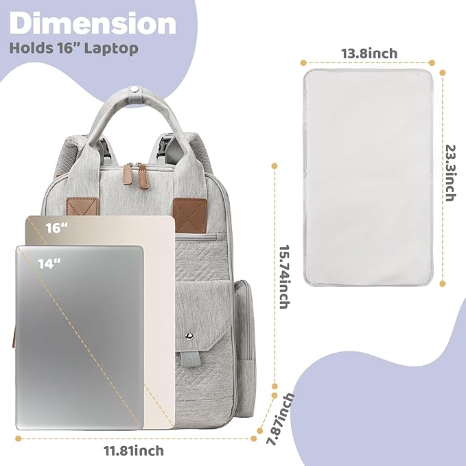 Diaper Bag Backpack - Large Diaper Bag with Portable Changing Pad as Baby Shower Gifts, Lightweight Waterproof Unisex Travel Baby Bag with 4 Insulated Pockets and Stroller Buckles, Light Grey