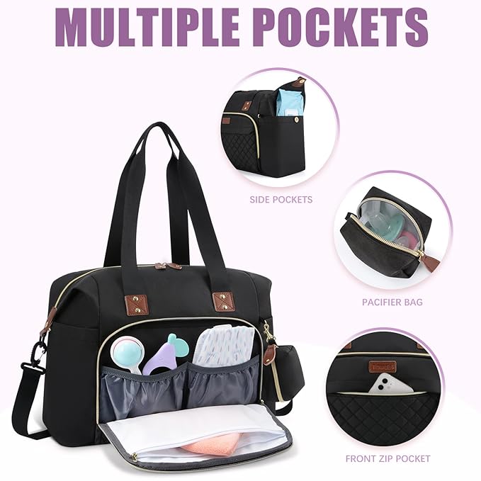 Tuwubi Diaper Bag Tote,Baby Diaper Bag with Pacifier Case Large Travel Diaper Tote Caddy for Mom and Dad Multifunction Large Baby Bag - Black