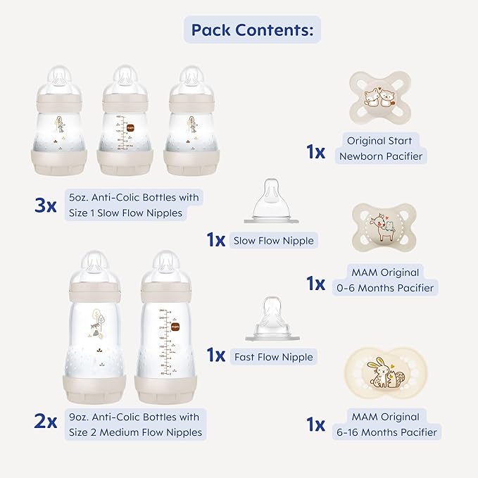 MAM Newborn Essentials Matte Feeding Set with Easy Start Anti-Colic Bottles 5oz, Self-Sterilizing, 0-3 Months Pacifiers and Skinsoft Silicone Nipples, Baby Gift, 10 Pieces