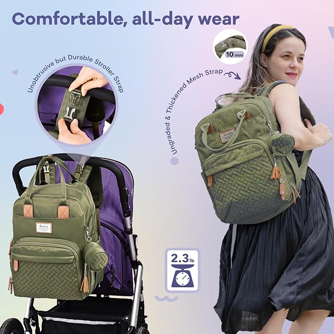 RUVALINO Diaper Bag Backpack, Multifunction Travel Pack Maternity Baby Changing Bags, Large Capacity, Waterproof, Olive Green