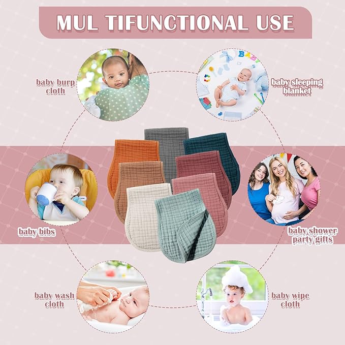 Frienda 8 Pieces Muslin Burp Cloths for Baby Cotton Burp Cloth 10 x 20 Inches Multi Colors Muslin Washcloths Diapers 4 Absorbent Layers Newborn Face Towels for Baby Boy Girl Unisex (Bright Color)
