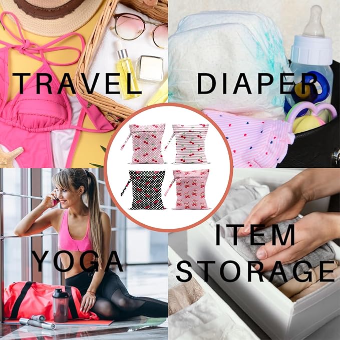 4 Pack Cute Polka Striped Cherry Bow Wet Bag Waterproof Washable Reusable Wet Dry Bag for Swimsuit Dirty Clothes Bathing Cloth Diaper Travel Beach Pool Yoga Gym Toiletries Travel Beach Essentials