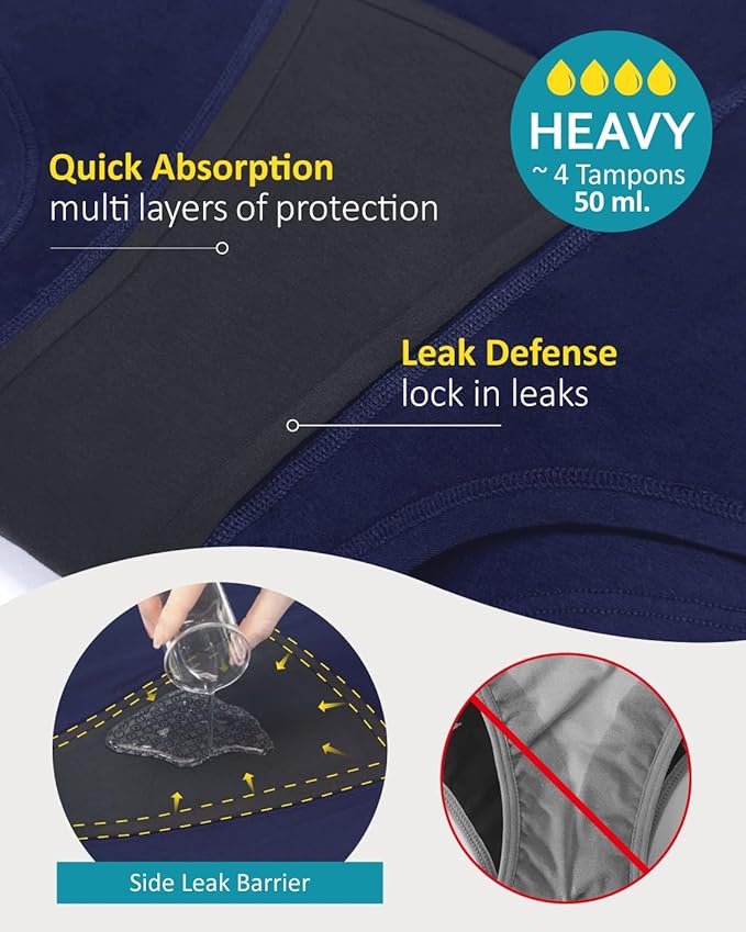 Neione Women Period Underwear Heavy Flow Cotton High-Waisted Sleep Boyshort Menstrual Panties Holds 4 Tampons