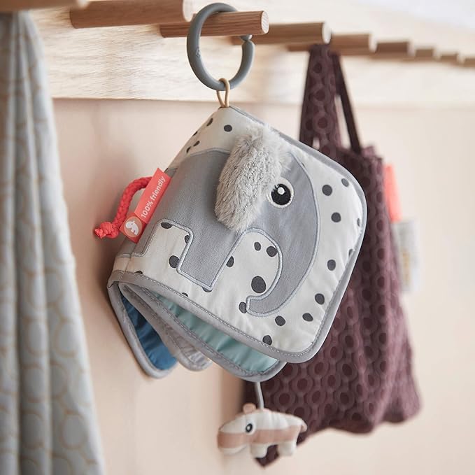 Done by Deer Elphee Grey Baby Activity Book - Soft and Safe Toy with Elephant and Contrasting Patterns, Mirror, Teether, and Crinkle Sounds for Sensory Stimulation and Exploration - Baby Crinkle Book