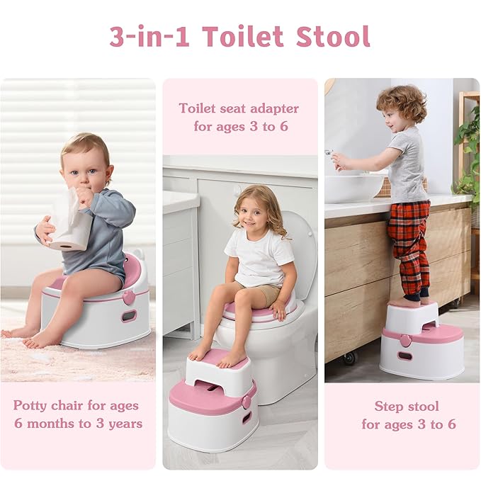 3-in-1 Potty Training Toilet, Portable Potty, Potty Training Seat and Toddler Step Stool, Easy Setup and Clean, Anti-Slip Toddler Potty Trainer for Boy Girl,Pink