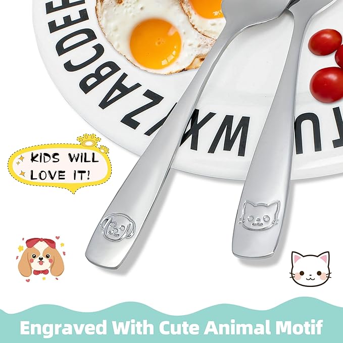Stainless Steel Toddler Utensils Set - 14 Pcs Kids Silverware, Safe Food Grade, Mirror Polished, Dishwasher Safe, Perfect for Little Hands, Trendy & Durable. ﻿