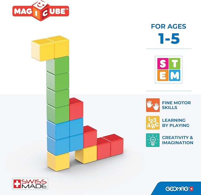 Geomag Magicube 16pcs Magnetic Blocks - Magnetic Building Blocks for Toddlers 1-3, Montessori Toys for 1+ Year Old, Autism Sensory Product, Magnets for Kids