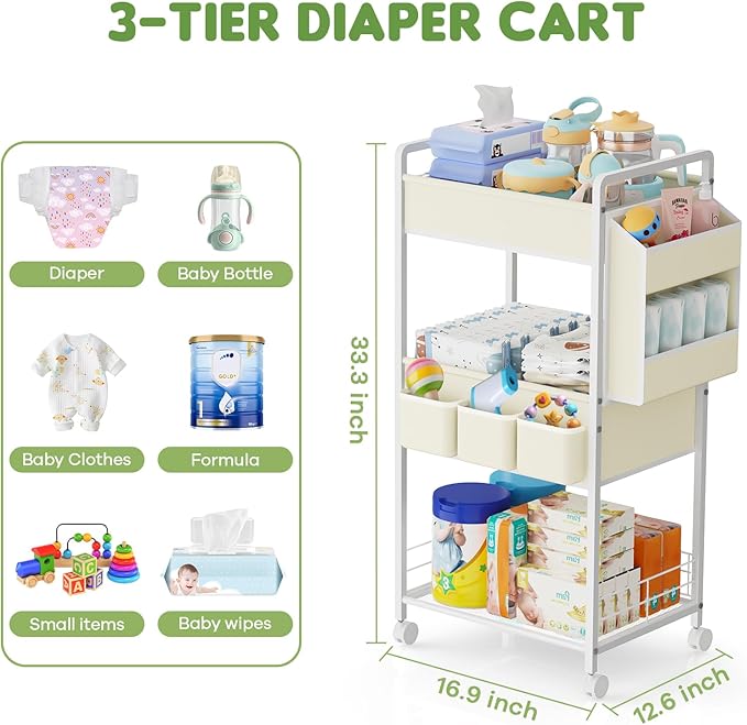 3-Tier Rolling Diaper Caddy Organizer with Dividers & Wheels, Large Capacity Detachable Mobile Storage Diaper Cart for Nursery, Bedroom, Changing Table, Crib, Baby Essentials