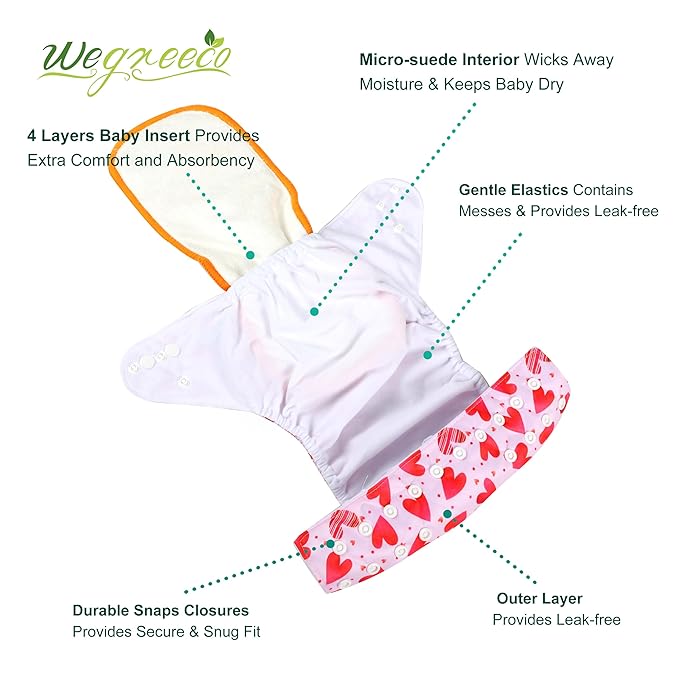 Wegreeco Cloth Diapers 6 Pack with Inserts & Wet Bag, Washable Reusable Diapers for Babies, One Size Adjustable (Colorful Summer)
