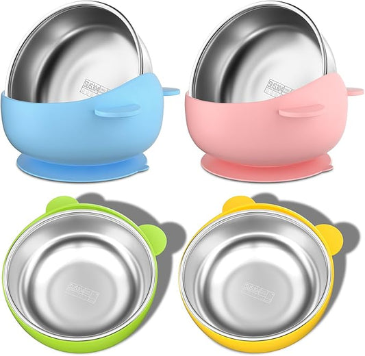 Stainless Steel Baby Bowls with Suction, 2-in-1 SUS304 Toddlers Bowl & Removable Silicone Suction Kids Bowl, Anti Scald Non Toxic Snack Container for Baby Food Feeding, 4 Colors Set