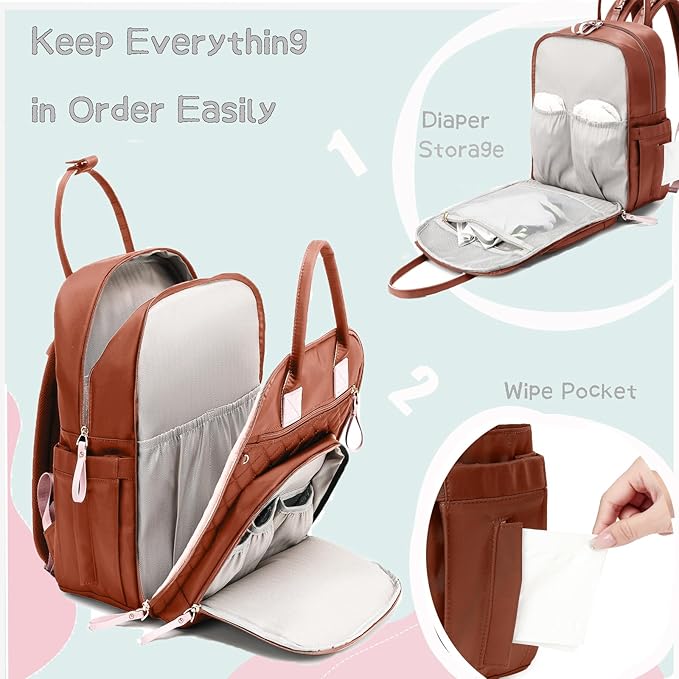 18 Pockets Large Diaper Bag Backpack with Waterproof Pockets and Stroller Buckle, Convertible Baby Bag (Brown, Large)