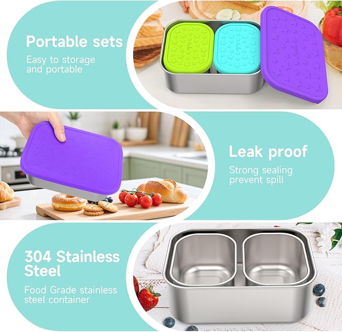 SOPHICO Stainless Steel 24 OZ Snack Containers for Kids，Food Storage Container with Silicone Lid - Perfect 304 Metal Toddler Lunch Box for Daycare and School, Leak Proof （Purple）
