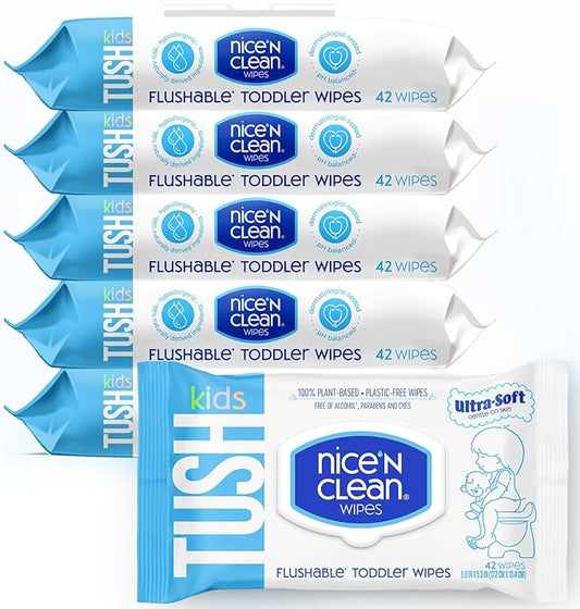 Nice 'N CLEAN Flushable Toddler Wipes 42ct (6-Pack) | 100% Plant-Based, Unscented Wet Wipes for Sensitive Skin | Potty Training Essentials | Flushable Baby Wipes for All Ages