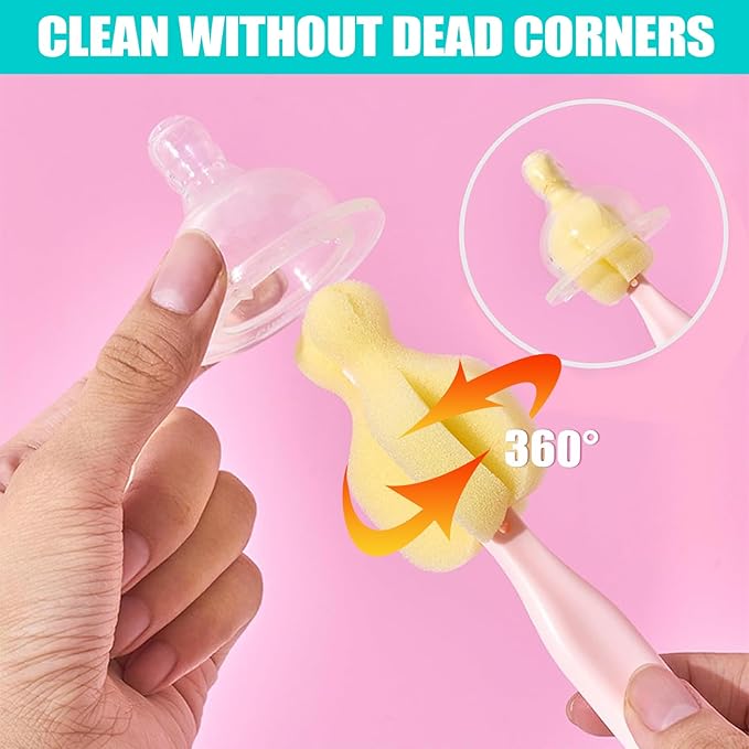 Sponge Bottle Brush 12 PCS Sponge Nipple Brushes Baby Bottle Nipple Cleaning Brush Long Handle Baby Milk Bottle Brush (12PCS)