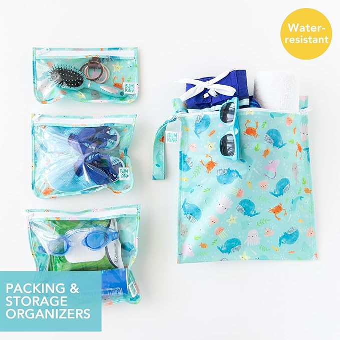 Bumkins - Waterproof Wet Bag & Clear Travel Bags - For Beach, Baby, Travel, Swim Suit, Cloth Diapers, Pump Parts, Pool, Gym, Toiletries - Reusable & Easy to Clean - Ocean Life Blue - 4 Pack