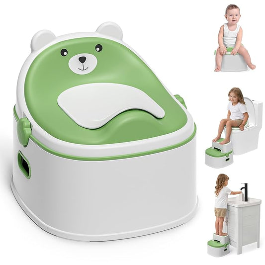 3-in-1 Potty Training Toilet, Portable Potty, Potty Training Seat and Toddler Step Stool, Easy Setup and Clean, Anti-Slip Toddler Potty Trainer for Boy Girl,Green