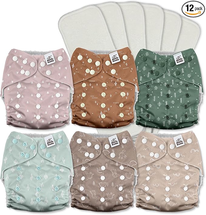 Mama Koala 3.0 Pocket Cloth Diapers for Babies with AWJ Lining, 6 Pack with 6 5-Layer Natural Cloth Diaper Inserts - Reusable and Washable Pocket Diapers(A-My Warm Heart)