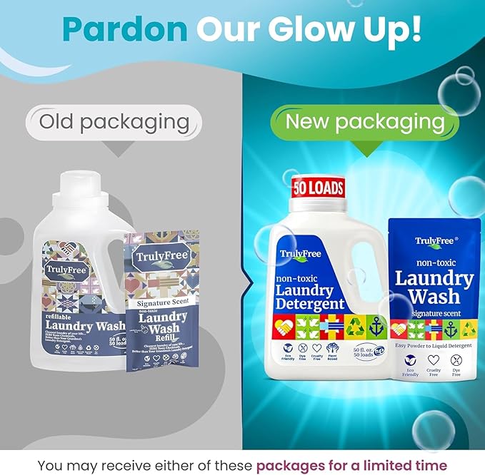 Truly Free Natural Laundry Detergent for Sensitive Skin | Eco Friendly, Plant Based, Baby Clothes Safe | Clean & Easy Powder to Liquid, 4 Pack Refill Detergent, NO Jug | Signature Scent, 200 Loads