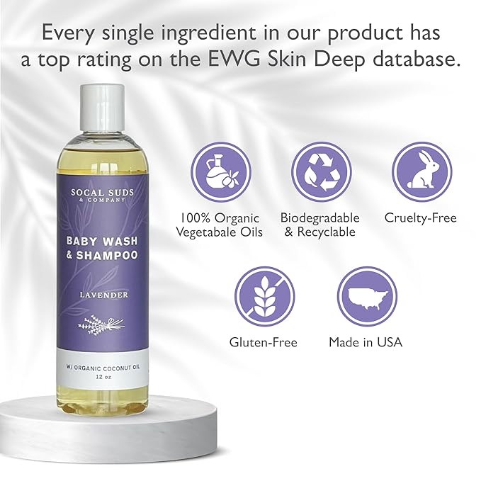 SoCal Suds & Company Organic Baby Shampoo and Body Wash - 2-in-1 Castile Soap, Hypoallergenic, Sensitive Skin, Natural Soap, Toddler Shampoo, Infant, Newborn, Kids Body Wash - 12oz Lavender
