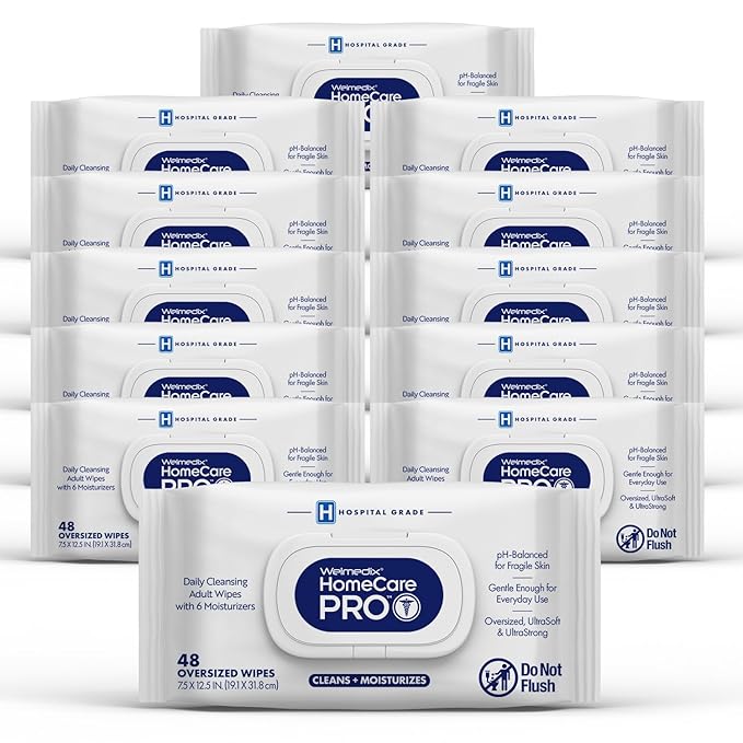 Homecare Pro Oversized Daily Cleansing Adult Wipes With 6 Moisturizers Wet Cleansing, Rinse Free, Bathing Wipes, Hospital Grade pH Balanced for Fragile Skin - | 48 Count XL |- 12 Pack