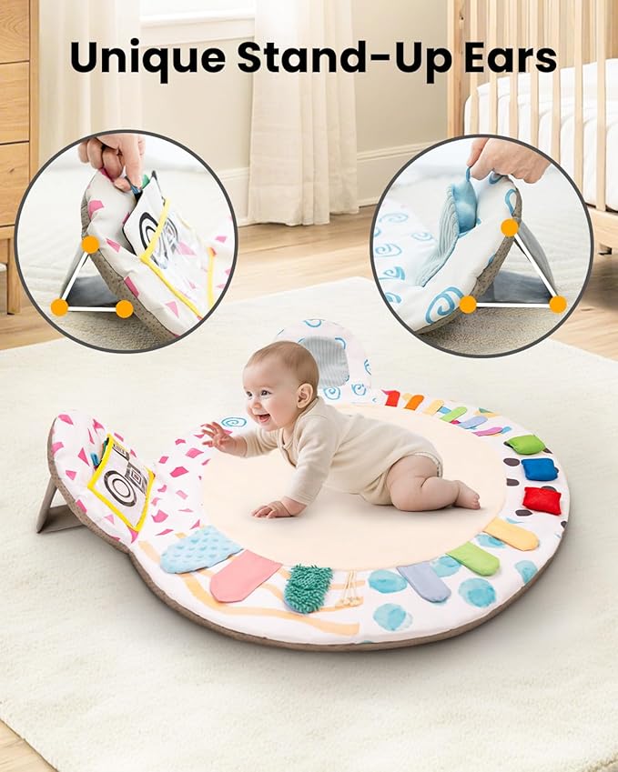 Baby Play Gym, Thickened and Non Slip Activity Mat, 5 Developmental Zones Tummy Time Mat with 5 Detachable Sensory Toys for Motor Skills, Baby Essentials Shower Gift Box(Bear)