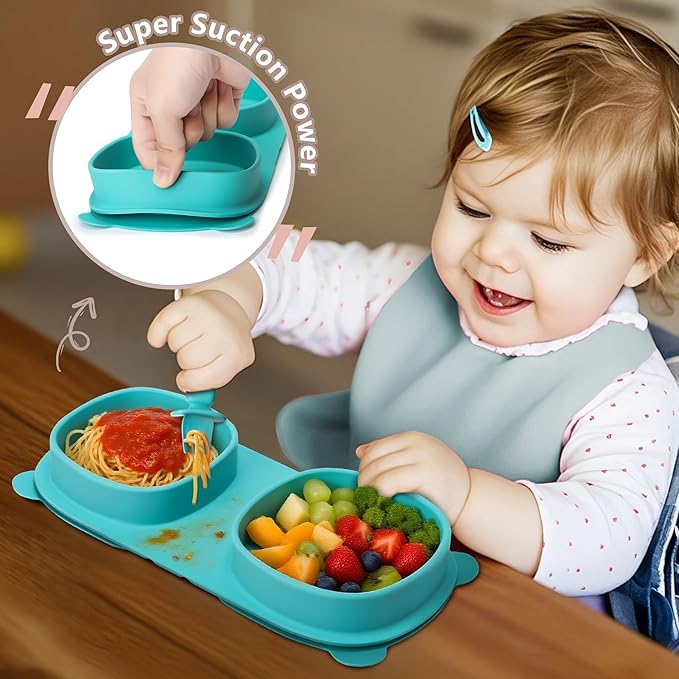 Baby Plates with Suction with Forks and Spoons,Foldable Silicone Toddler Plates,Baby Travel Essential,Microwave & Dishwasher Safe,Aqua