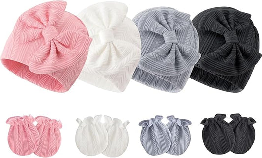 BQUBO Newborn Baby Hats Mittens Set Hospital Hat Beanie Infant Bow Hats Baby Gloves No Scratch Mittens for 0-6 Months