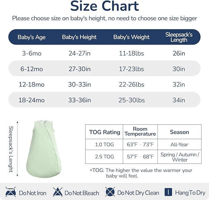 1.0 Tog 2.5 Tog Baby Sleep Sack, 100% Cotton Baby Sleeping Bag 3-24M, 2-Way Zipper Baby Wearable Blanket