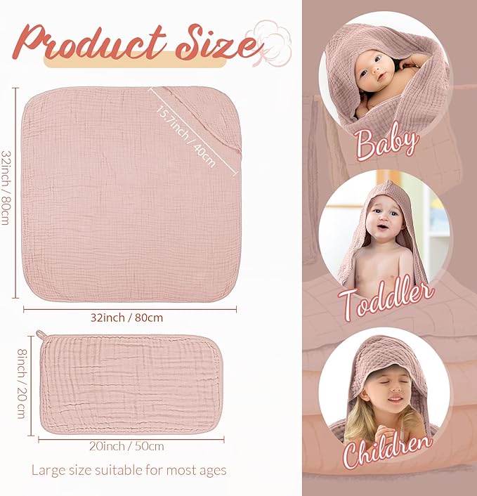 VitalCozy 12 Pcs Baby Muslin Hooded Bath Towels and Washcloths Muslin Cotton Hooded Baby Towels Absorbent Blankets for Gift Newborn Infant Shower (32 x 32 Inch,Girl Style)