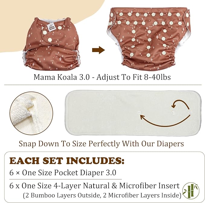Mama Koala 3.0 Pocket Cloth Diapers for Babies with AWJ Lining, 6 Pack with 6 4-Layer Natural Cloth Diaper Inserts - Reusable and Washable Pocket Diapers (Adorable Animal)
