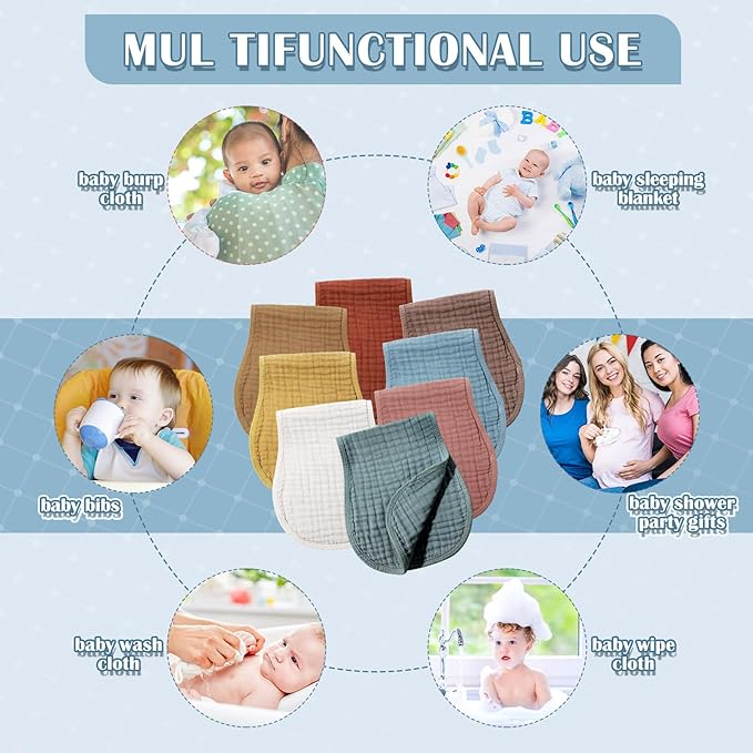 Frienda 8 Pieces Muslin Burp Cloths for Baby Cotton Burp Cloth 10 x 20 Inches Multi Colors Muslin Washcloths Diapers 4 Absorbent Layers Newborn Face Towels for Baby Boy Girl Unisex (Retro Color)