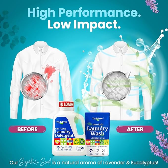 Truly Free Natural Laundry Detergent for Sensitive Skin | Eco Friendly, Plant Based, Baby Clothes Safe | Clean & Easy Powder to Liquid, 5 Pack Detergent + 1 Refillable Jug | Signature Scent 250 Loads