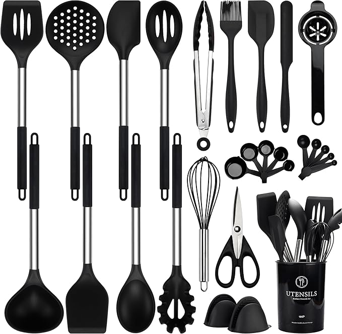 28 Pcs Silicone Cooking Utensils Set with Holder, Spatula Set, Silicone Whisk, Scissors, Measuring Cups and Spoons Set with Stainless Steel Handle Kitchen Gadgets (Black)
