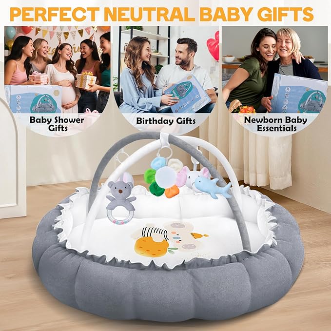 5-in-1 Convertible Baby Play Mat and Tummy Time Mat - Thick & Plush Baby Play Gym with 5 Sensory Toys,Baby Activity Center from Newborn to Toddler, Ball Pit (No Balls Included)，Pet Bed