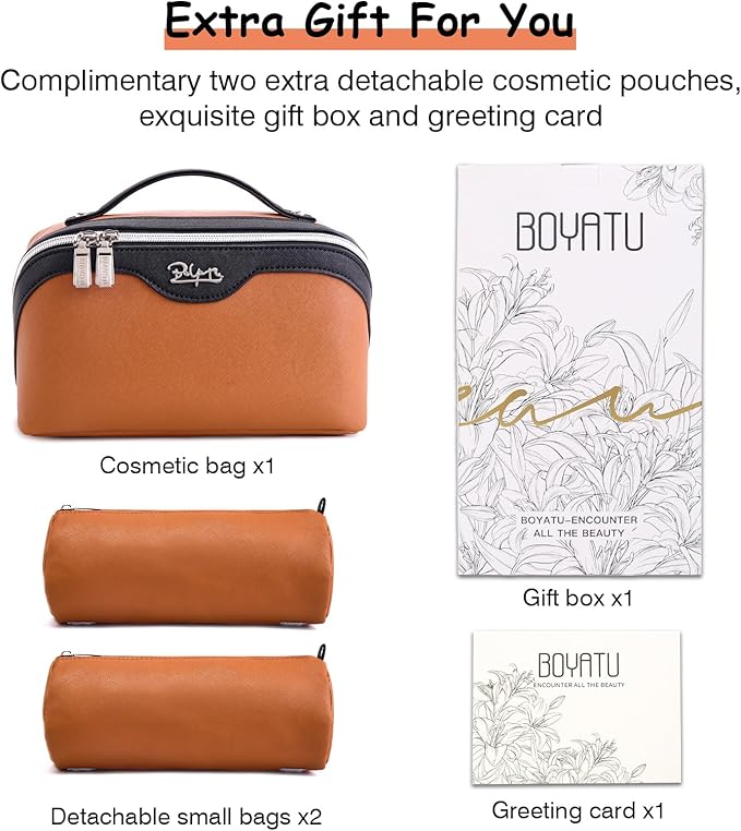 BOYATU Travel Makeup Bag Organizer Cosmetic Bag: 3 Pcs Set Make up Bags for Women with Handle - Waterproof Vegan Leather Toiletry Bags Travel Essentials Pouch with Compartments (A-07-Orange)