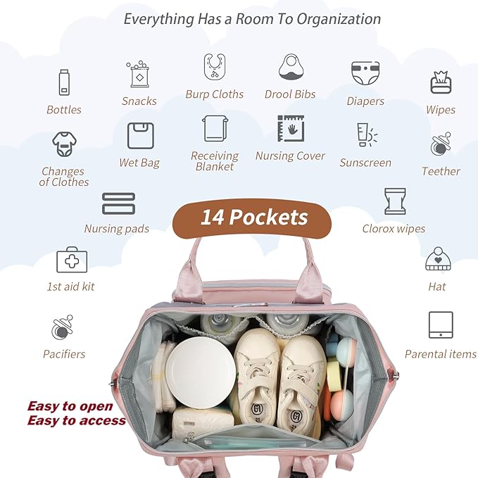 Diaper Bag Backpack: Tote Baby Bag for Boy and Girl, Large Mommy Bag Insulated Pockets Charger Holes for Men and Women, Nappy Bag for Baby Airplane Traveing Pink Gray