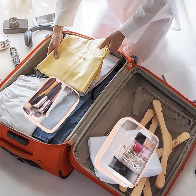 3Pcs Crystal Clear PVC Travel Toiletry Bag Kit for Women Men, Waterproof Vinyl Packing Organizer Storage Bags with Zipper Handle Straps, Cosmetic Pouch Carry on Airport Airline Compliant Bag Handbag